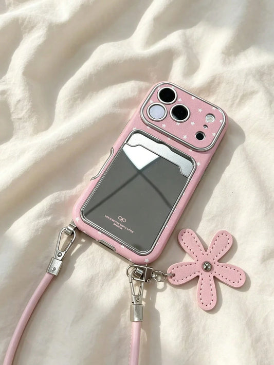 Pink Star Mirror Stand Phone Case With Lanyard, Y2K Vintage Elegant Style, Compatible With IPhone 17/17Pro/17ProMax/16/16Pro/16Plus/16ProMax/15/15Pro/15ProMax/14/14Pro/14ProMax/13/13Pro/13ProMax/Apple