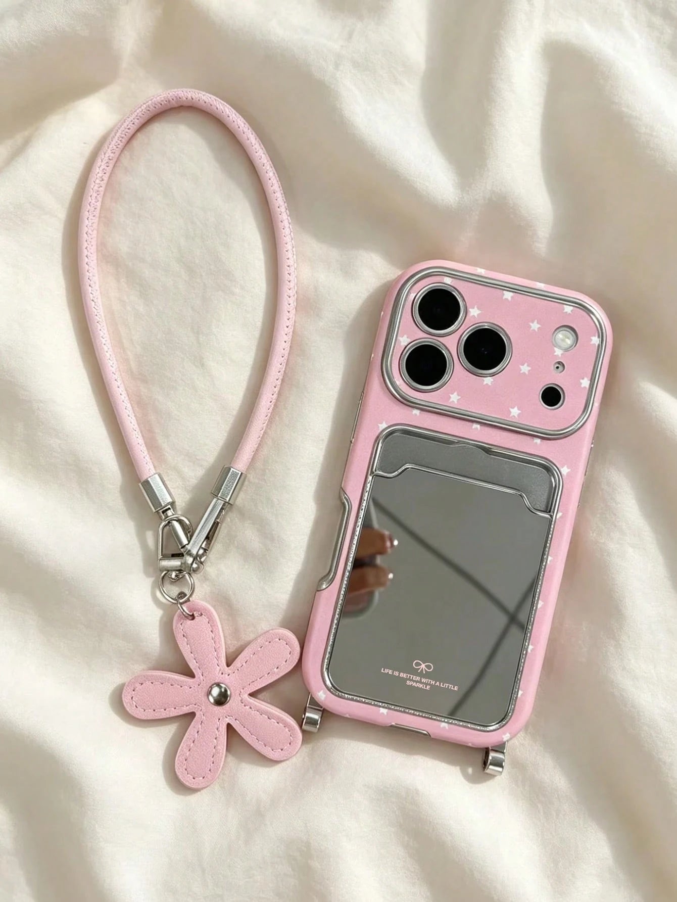 Pink Star Mirror Stand Phone Case With Lanyard, Y2K Vintage Elegant Style, Compatible With IPhone 17/17Pro/17ProMax/16/16Pro/16Plus/16ProMax/15/15Pro/15ProMax/14/14Pro/14ProMax/13/13Pro/13ProMax/Apple
