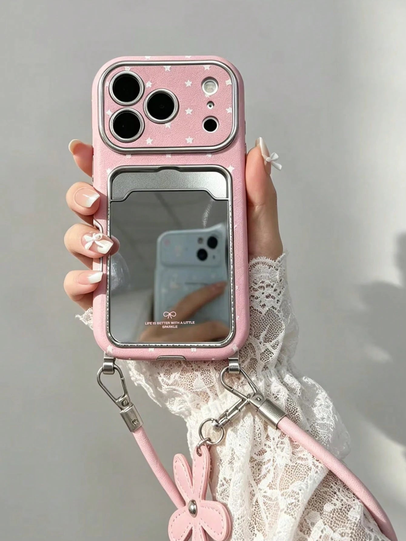 Pink Star Mirror Stand Phone Case With Lanyard, Y2K Vintage Elegant Style, Compatible With IPhone 17/17Pro/17ProMax/16/16Pro/16Plus/16ProMax/15/15Pro/15ProMax/14/14Pro/14ProMax/13/13Pro/13ProMax/Apple