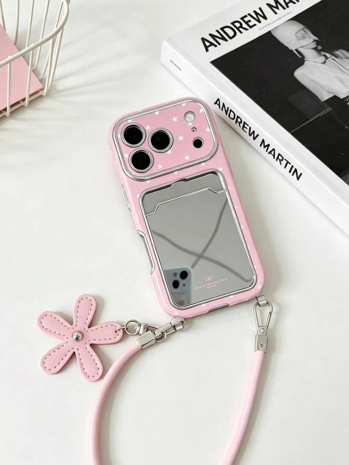 Pink Star Mirror Stand Phone Case With Lanyard, Y2K Vintage Elegant Style, Compatible With IPhone 17/17Pro/17ProMax/16/16Pro/16Plus/16ProMax/15/15Pro/15ProMax/14/14Pro/14ProMax/13/13Pro/13ProMax/Apple