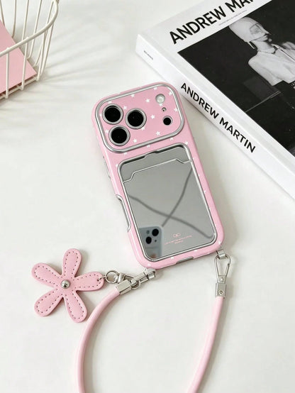 Pink Star Mirror Stand Phone Case With Lanyard, Y2K Vintage Elegant Style, Compatible With IPhone 17/17Pro/17ProMax/16/16Pro/16Plus/16ProMax/15/15Pro/15ProMax/14/14Pro/14ProMax/13/13Pro/13ProMax/Apple