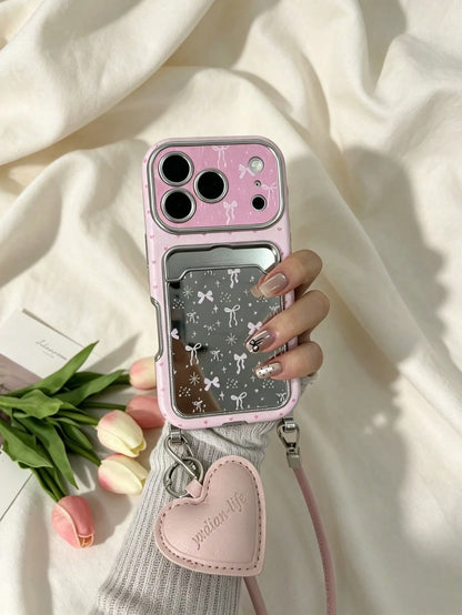 Pink Star Mirror Stand Phone Case With Lanyard, Y2K Vintage Elegant Style, Compatible With IPhone 17/17Pro/17ProMax/16/16Pro/16Plus/16ProMax/15/15Pro/15ProMax/14/14Pro/14ProMax/13/13Pro/13ProMax/Apple