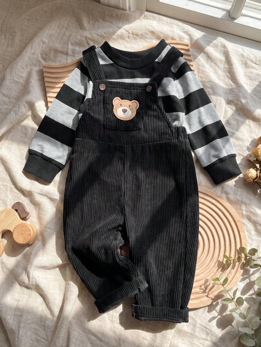 Playful Pals 1pc Baby Boy Black Corduroy Overalls With Pockets And Bear Decoration, Cute Vintage Fashion Korean Street Style Minimalist Jumpsuit Long Pants, Suitable For Autumn/Winter Daily Wear