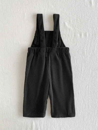 Playful Pals 1pc Baby Boy Black Corduroy Overalls With Pockets And Bear Decoration, Cute Vintage Fashion Korean Street Style Minimalist Jumpsuit Long Pants, Suitable For Autumn/Winter Daily Wear