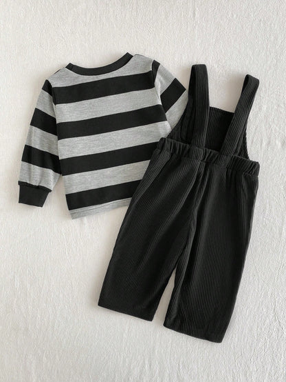 Playful Pals 1pc Baby Boy Black Corduroy Overalls With Pockets And Bear Decoration, Cute Vintage Fashion Korean Street Style Minimalist Jumpsuit Long Pants, Suitable For Autumn/Winter Daily Wear