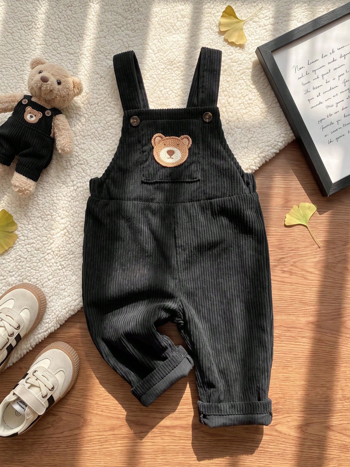 Playful Pals 1pc Baby Boy Black Corduroy Overalls With Pockets And Bear Decoration, Cute Vintage Fashion Korean Street Style Minimalist Jumpsuit Long Pants, Suitable For Autumn/Winter Daily Wear