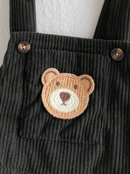 Playful Pals 1pc Baby Boy Black Corduroy Overalls With Pockets And Bear Decoration, Cute Vintage Fashion Korean Street Style Minimalist Jumpsuit Long Pants, Suitable For Autumn/Winter Daily Wear