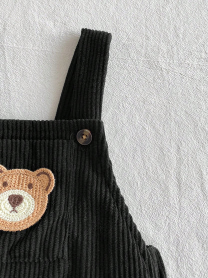 Playful Pals 1pc Baby Boy Black Corduroy Overalls With Pockets And Bear Decoration, Cute Vintage Fashion Korean Street Style Minimalist Jumpsuit Long Pants, Suitable For Autumn/Winter Daily Wear