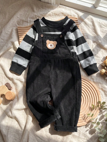 Playful Pals 1pc Baby Boy Black Corduroy Overalls With Pockets And Bear Decoration, Cute Vintage Fashion Korean Street Style Minimalist Jumpsuit Long Pants, Suitable For Autumn/Winter Daily Wear