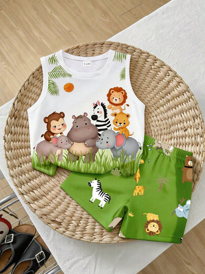 Playful Pals 2pcs Baby Boy Outfit, Cute Forest Animal Green Pattern Print Vest Top Paired With Matching Animal Print Shorts, Suitable For Outings In Summer