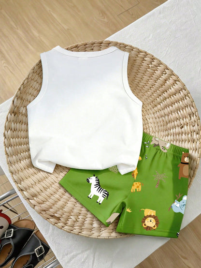 Playful Pals 2pcs Baby Boy Outfit, Cute Forest Animal Green Pattern Print Vest Top Paired With Matching Animal Print Shorts, Suitable For Outings In Summer