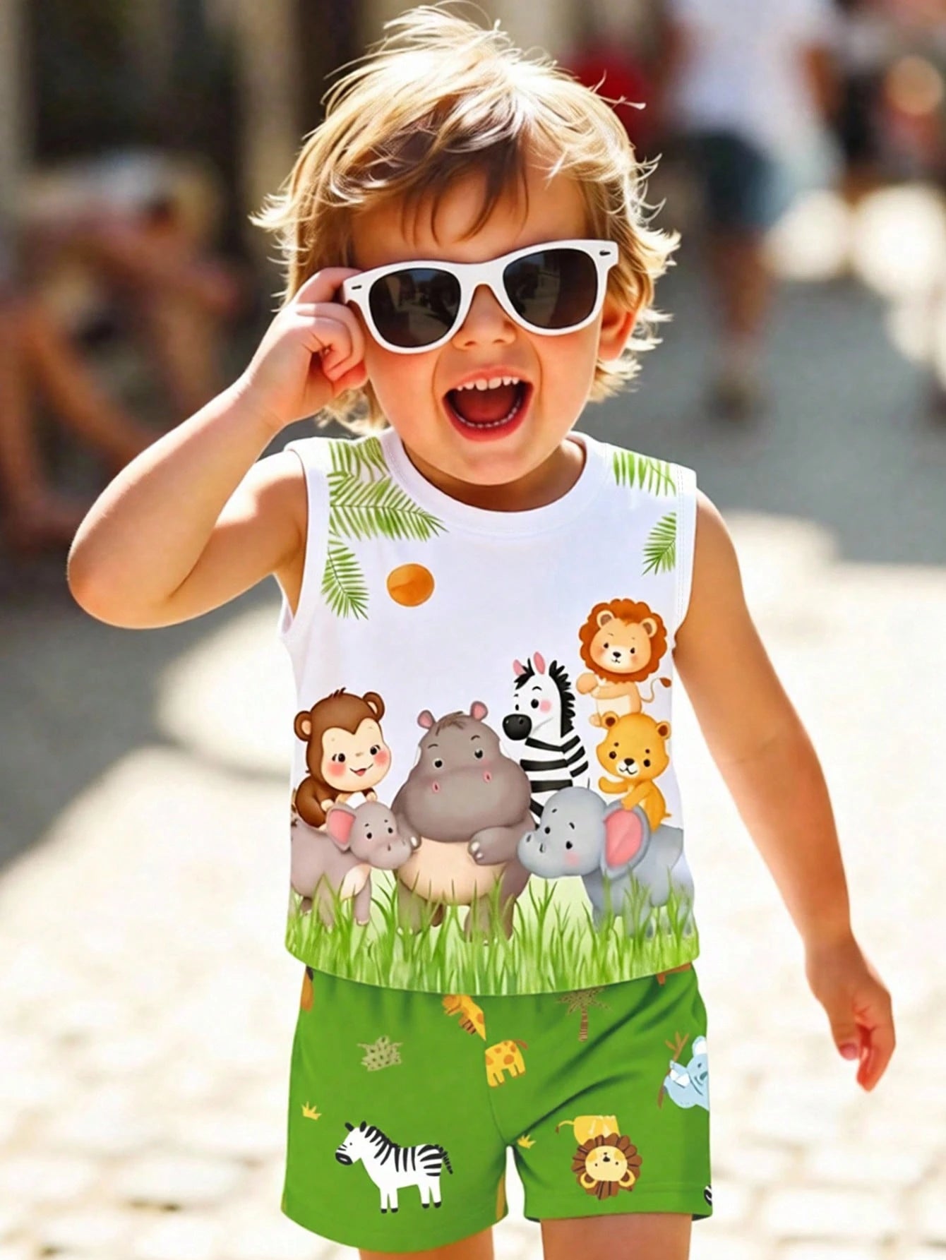 Playful Pals 2pcs Baby Boy Outfit, Cute Forest Animal Green Pattern Print Vest Top Paired With Matching Animal Print Shorts, Suitable For Outings In Summer