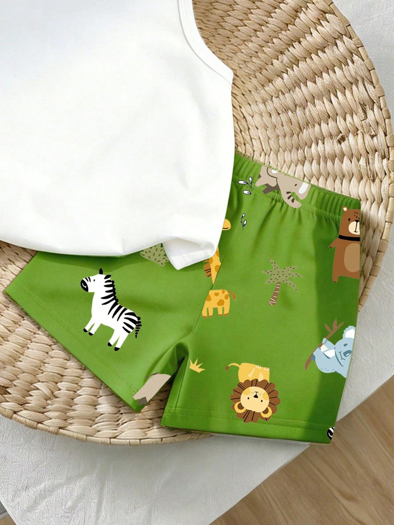 Playful Pals 2pcs Baby Boy Outfit, Cute Forest Animal Green Pattern Print Vest Top Paired With Matching Animal Print Shorts, Suitable For Outings In Summer