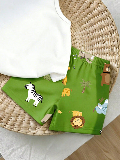 Playful Pals 2pcs Baby Boy Outfit, Cute Forest Animal Green Pattern Print Vest Top Paired With Matching Animal Print Shorts, Suitable For Outings In Summer