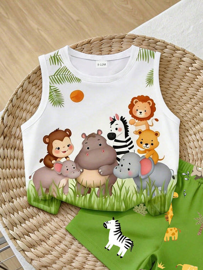 Playful Pals 2pcs Baby Boy Outfit, Cute Forest Animal Green Pattern Print Vest Top Paired With Matching Animal Print Shorts, Suitable For Outings In Summer