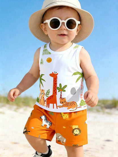Playful Pals 2pcs Baby Boy Outfit, Cute Forest Animal Green Pattern Print Vest Top Paired With Matching Animal Print Shorts, Suitable For Outings In Summer
