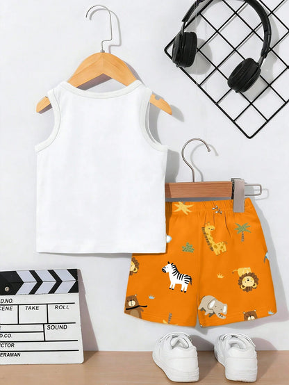 Playful Pals 2pcs Baby Boy Outfit, Cute Forest Animal Green Pattern Print Vest Top Paired With Matching Animal Print Shorts, Suitable For Outings In Summer