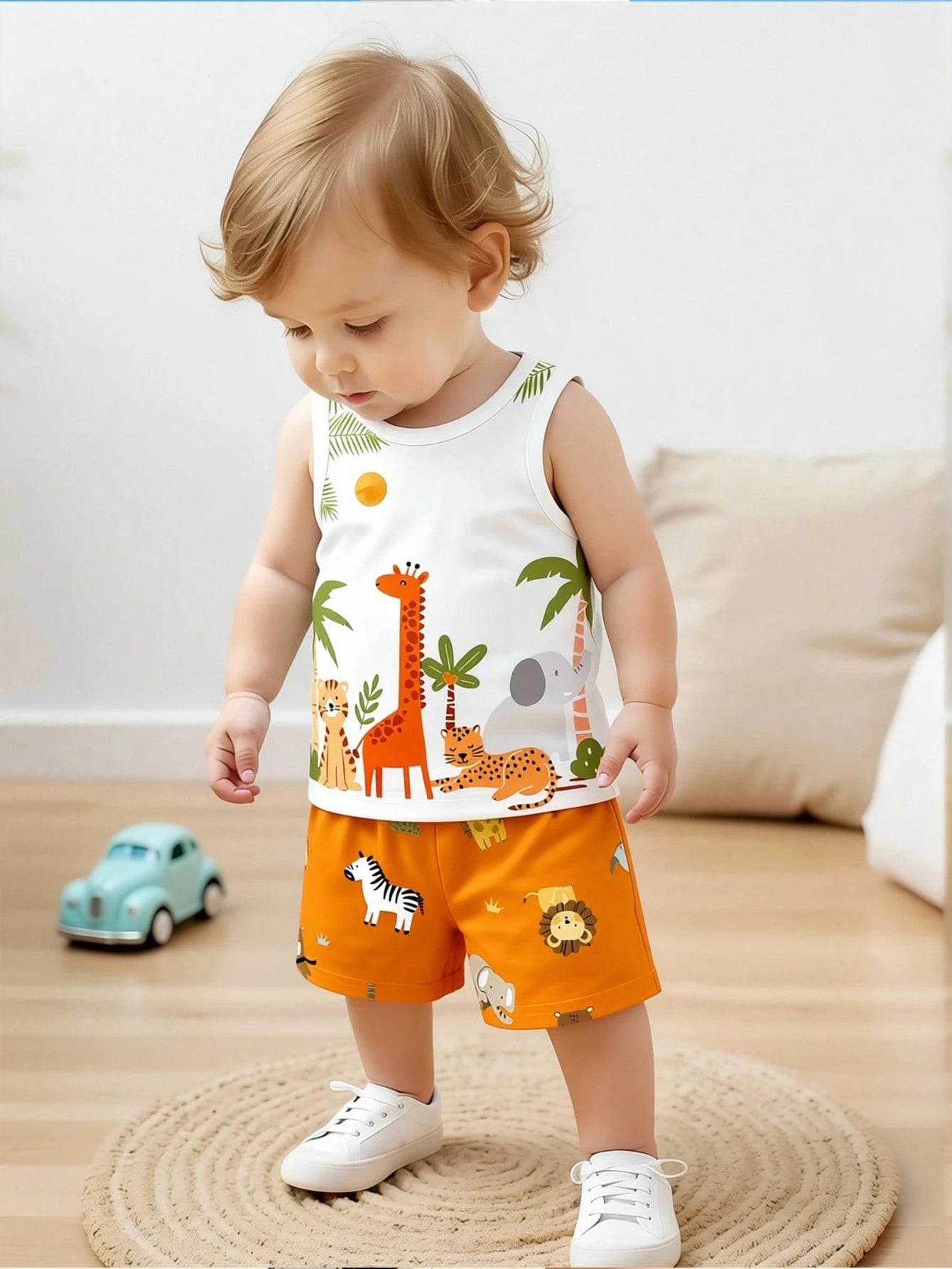 Playful Pals 2pcs Baby Boy Outfit, Cute Forest Animal Green Pattern Print Vest Top Paired With Matching Animal Print Shorts, Suitable For Outings In Summer