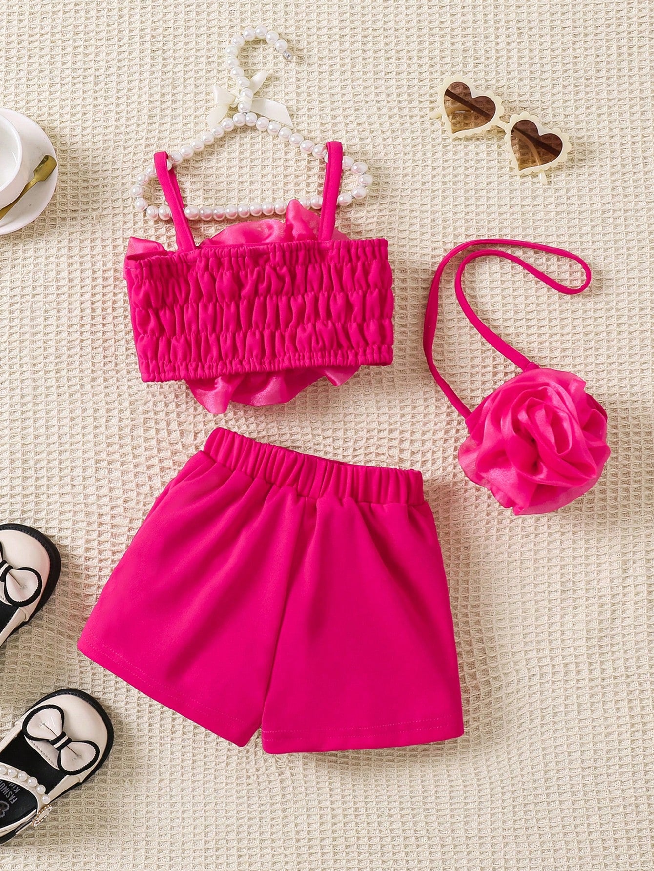 Playful Pals 3pcs Baby Girls' Spring/Summer Outfits, Hot Pink Flower Print Top With Crossbody Bag And Shorts, Cute, Elegant, And Suitable For Daily Casual Wear