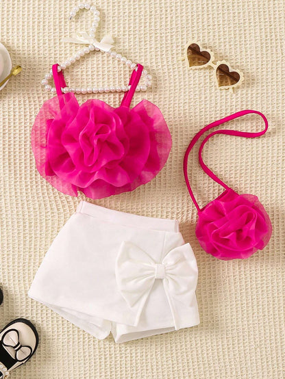 Playful Pals 3pcs Baby Girls' Spring/Summer Outfits, Hot Pink Flower Print Top With Crossbody Bag And Shorts, Cute, Elegant, And Suitable For Daily Casual Wear