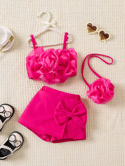 Playful Pals 3pcs Baby Girls' Spring/Summer Outfits, Hot Pink Flower Print Top With Crossbody Bag And Shorts, Cute, Elegant, And Suitable For Daily Casual Wear