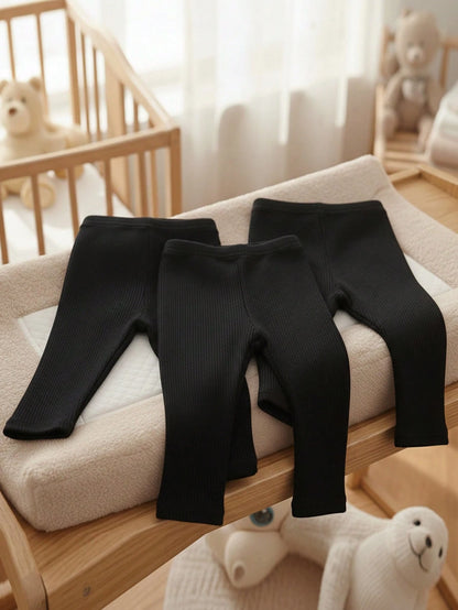 Playful Pals 3pcs/Set Baby Girls' Knitted Corduroy Elastic Leggings Black Autumn Basic Casual School Solid Color Pants Tights Bottoms Trousers All-Match All Season