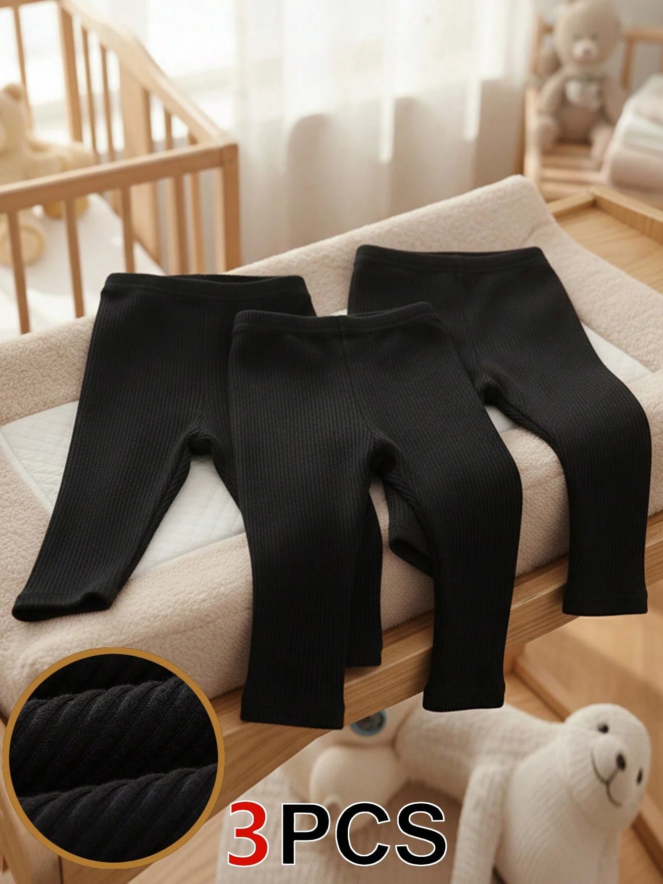 Playful Pals 3pcs/Set Baby Girls' Knitted Corduroy Elastic Leggings Black Autumn Basic Casual School Solid Color Pants Tights Bottoms Trousers All-Match All Season