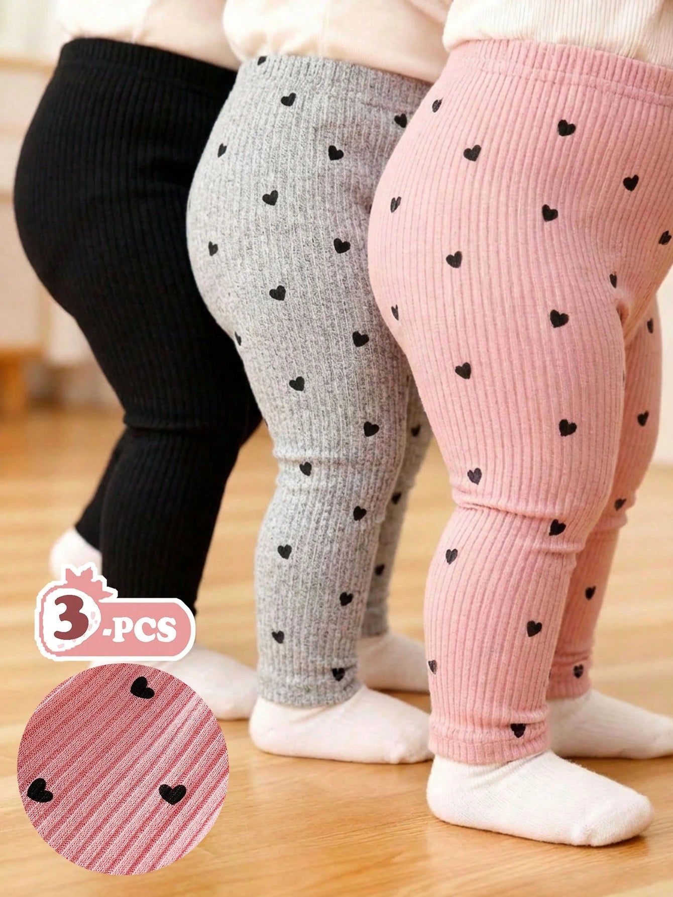 Playful Pals 3pcs/Set Baby Girls' Knitted Corduroy Elastic Leggings Black Autumn Basic Casual School Solid Color Pants Tights Bottoms Trousers All-Match All Season