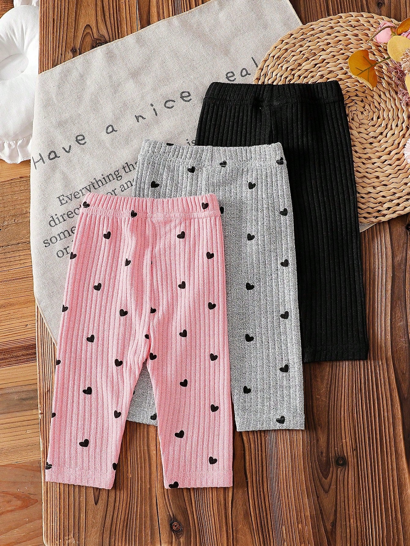 Playful Pals 3pcs/Set Baby Girls' Knitted Corduroy Elastic Leggings Black Autumn Basic Casual School Solid Color Pants Tights Bottoms Trousers All-Match All Season