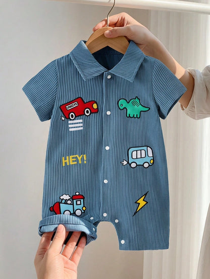 Playful Pals Baby Boy Summer Cartoon Car Dinosaur Short Sleeve Romper Bodysuit