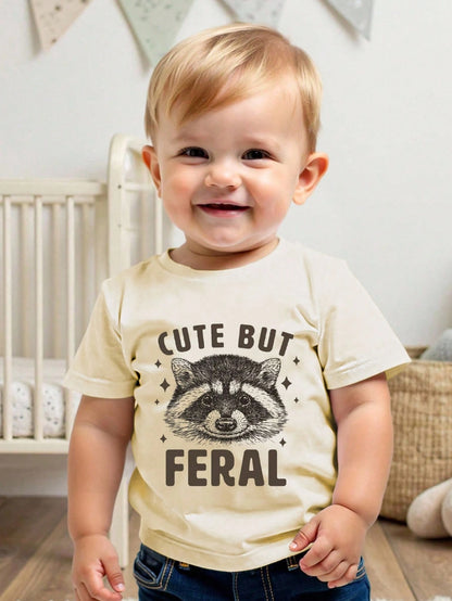 Playful Pals Baby BoyCasual Stylish Cute Cartoon Raccoon And "CUTE BUT FERAL" Letter Graphic Round Neck Fitted Short Sleeve T-Shirt, Discontinued