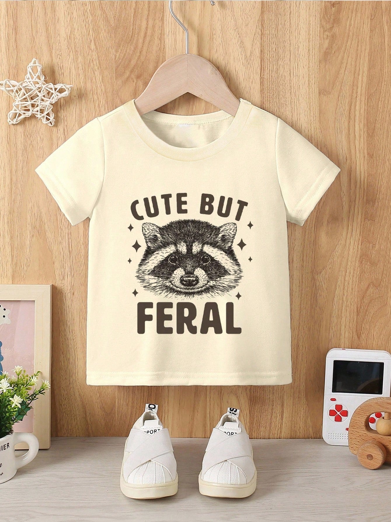 Playful Pals Baby BoyCasual Stylish Cute Cartoon Raccoon And "CUTE BUT FERAL" Letter Graphic Round Neck Fitted Short Sleeve T-Shirt, Discontinued