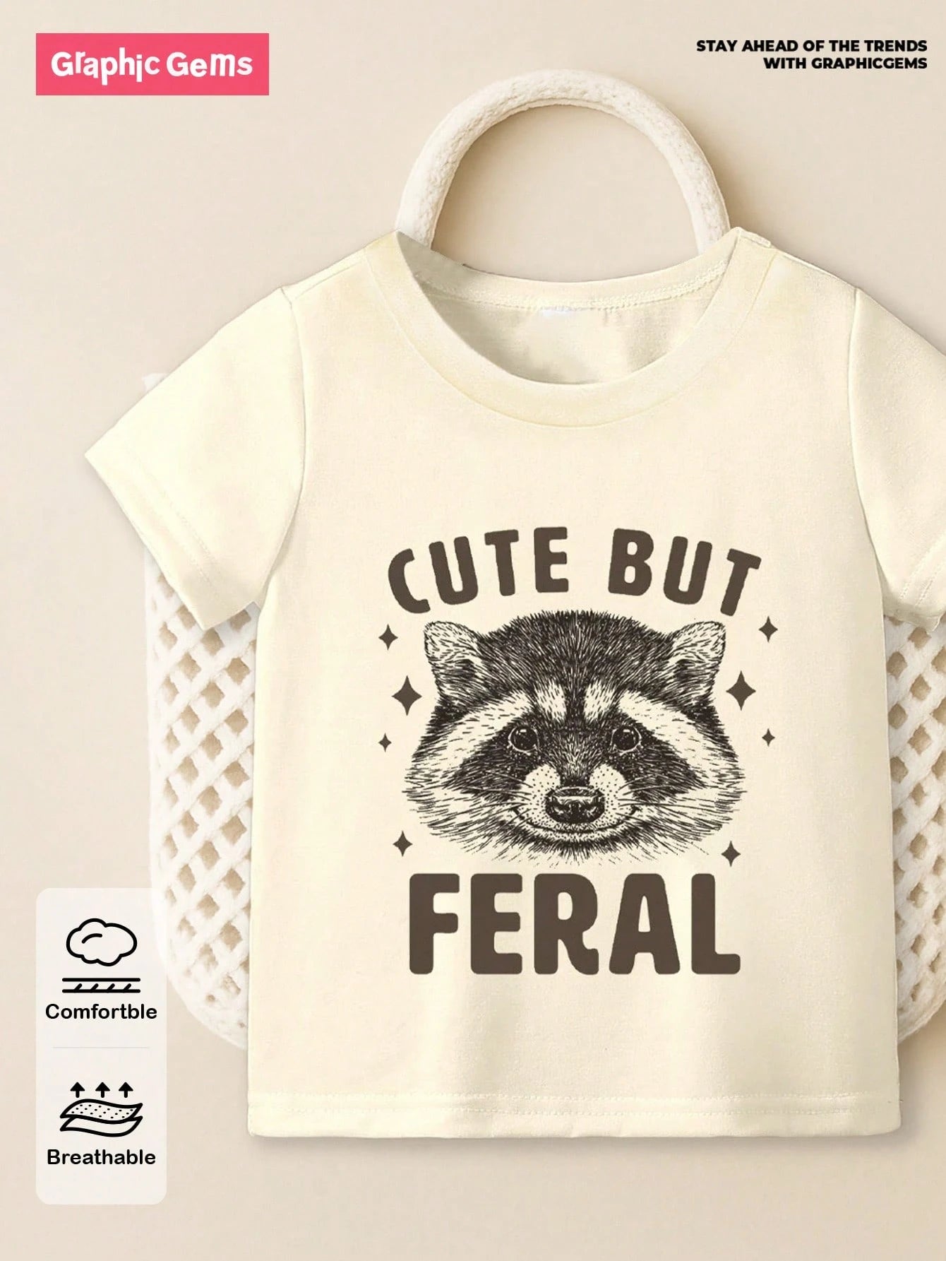Playful Pals Baby BoyCasual Stylish Cute Cartoon Raccoon And "CUTE BUT FERAL" Letter Graphic Round Neck Fitted Short Sleeve T-Shirt, Discontinued