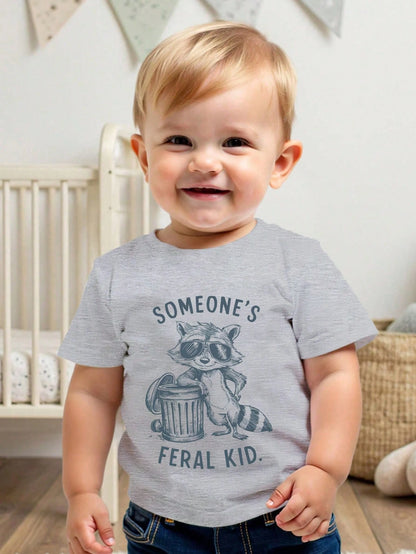 Playful Pals Baby BoyCasual Stylish Cute Cartoon Raccoon And "CUTE BUT FERAL" Letter Graphic Round Neck Fitted Short Sleeve T-Shirt, Discontinued