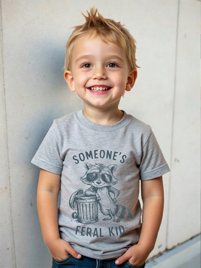 Playful Pals Baby BoyCasual Stylish Cute Cartoon Raccoon And "CUTE BUT FERAL" Letter Graphic Round Neck Fitted Short Sleeve T-Shirt, Discontinued