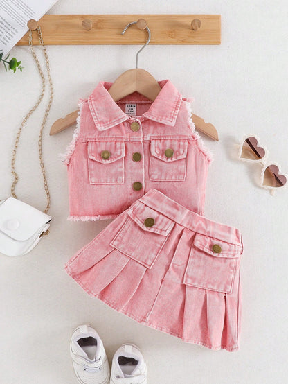 Playful Pals Baby Girl Fashionable, Elegant & Chic Distressed Blue Denim Top + Matching Skirt Summer Outfit Set