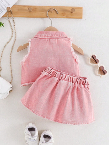 Playful Pals Baby Girl Fashionable, Elegant & Chic Distressed Blue Denim Top + Matching Skirt Summer Outfit Set