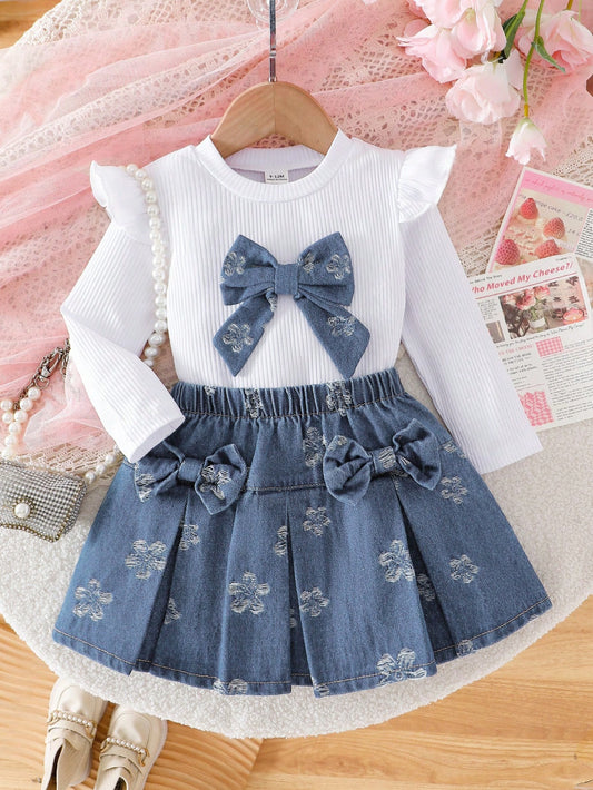 Playful Pals Baby Girl Sweet 2-Piece Set, Spring/Autumn Knitted Ribbed Flutter Sleeve Round Neck Top & Floral Pleated Short Skirt With Bow, Cute Sweet Outfit For Baby Girls, Fresh And Gentle Dai