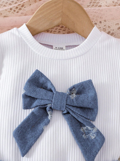 Playful Pals Baby Girl Sweet 2-Piece Set, Spring/Autumn Knitted Ribbed Flutter Sleeve Round Neck Top & Floral Pleated Short Skirt With Bow, Cute Sweet Outfit For Baby Girls, Fresh And Gentle Dai