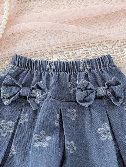 Playful Pals Baby Girl Sweet 2-Piece Set, Spring/Autumn Knitted Ribbed Flutter Sleeve Round Neck Top & Floral Pleated Short Skirt With Bow, Cute Sweet Outfit For Baby Girls, Fresh And Gentle Dai