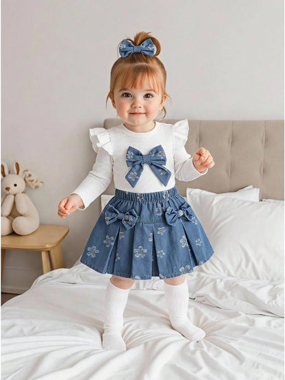 Playful Pals Baby Girl Sweet 2-Piece Set, Spring/Autumn Knitted Ribbed Flutter Sleeve Round Neck Top & Floral Pleated Short Skirt With Bow, Cute Sweet Outfit For Baby Girls, Fresh And Gentle Dai