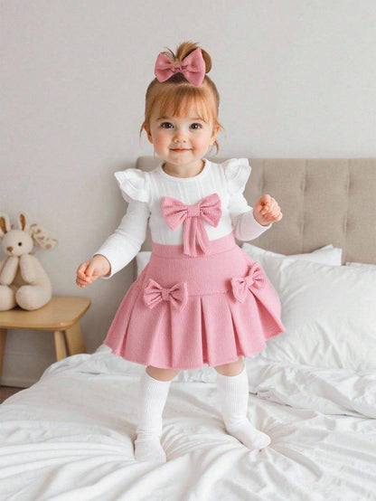 Playful Pals Baby Girl Sweet 2-Piece Set, Spring/Autumn Knitted Ribbed Flutter Sleeve Round Neck Top & Floral Pleated Short Skirt With Bow, Cute Sweet Outfit For Baby Girls, Fresh And Gentle Dai