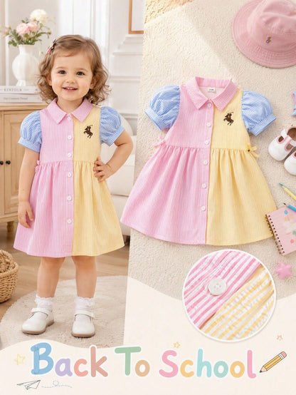 Playful Pals Baby Girls Casual Fashion Preppy Style Fresh Striped Petal Sleeve Short Sleeve Shirt Dress, Suitable For Spring/Summer, Outings, Daily Wear, School