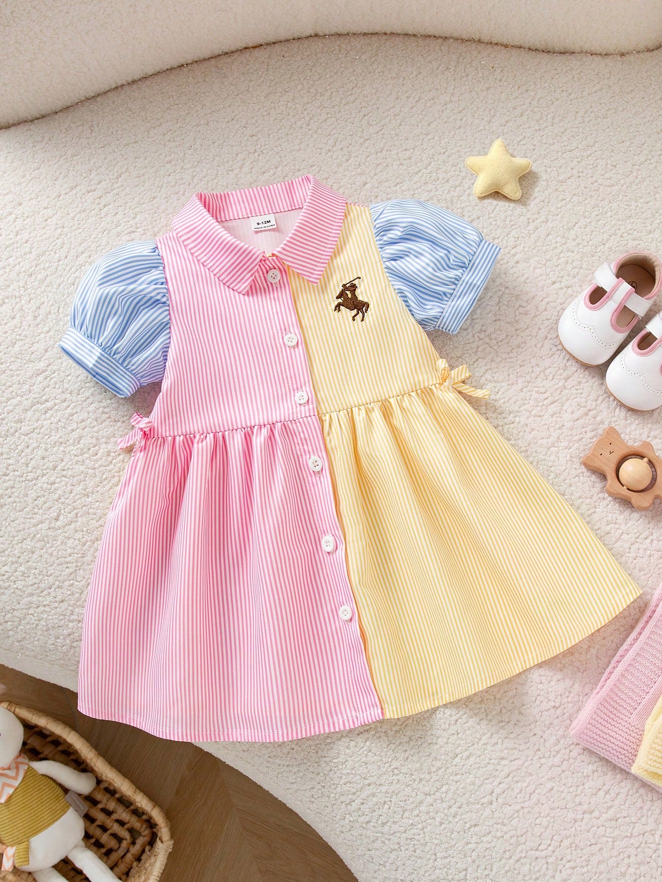 Playful Pals Baby Girls Casual Fashion Preppy Style Fresh Striped Petal Sleeve Short Sleeve Shirt Dress, Suitable For Spring/Summer, Outings, Daily Wear, School