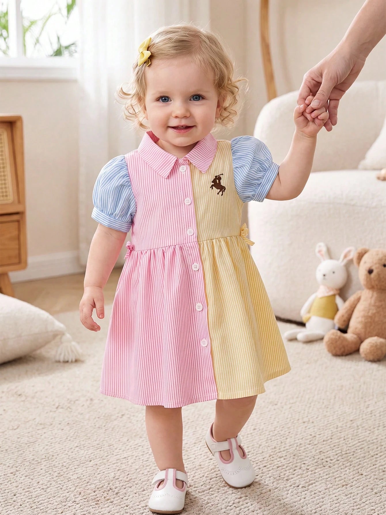 Playful Pals Baby Girls Casual Fashion Preppy Style Fresh Striped Petal Sleeve Short Sleeve Shirt Dress, Suitable For Spring/Summer, Outings, Daily Wear, School