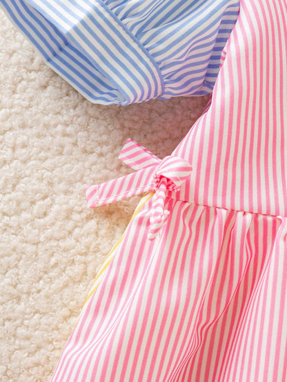 Playful Pals Baby Girls Casual Fashion Preppy Style Fresh Striped Petal Sleeve Short Sleeve Shirt Dress, Suitable For Spring/Summer, Outings, Daily Wear, School