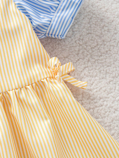 Playful Pals Baby Girls Casual Fashion Preppy Style Fresh Striped Petal Sleeve Short Sleeve Shirt Dress, Suitable For Spring/Summer, Outings, Daily Wear, School