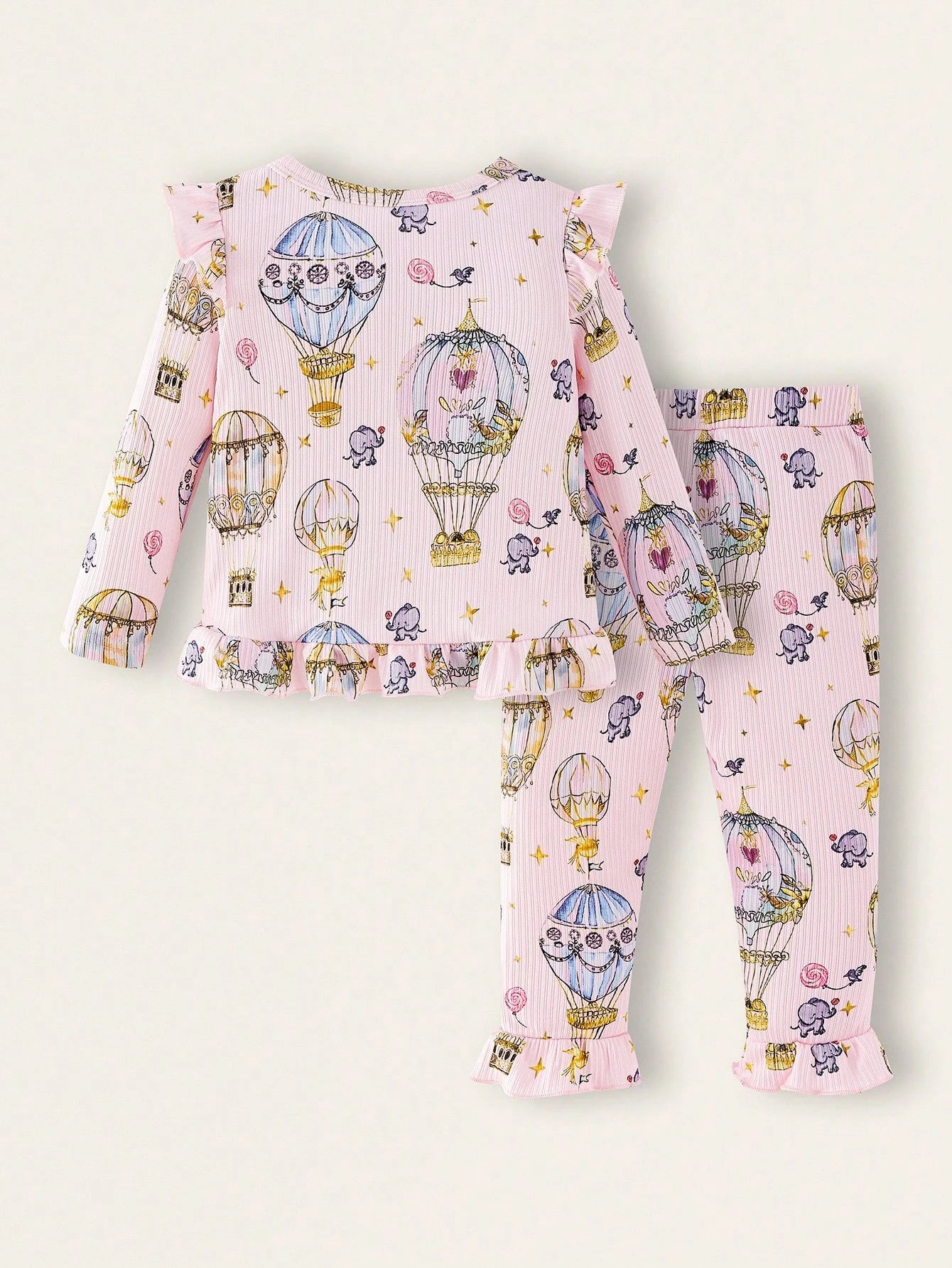Playful Pals Baby Girls Cute Whimsical Hot Air Balloon & Elephant Print Long Sleeve Top And Pants Set, Cozy And Comfortable, Perfect For Everyday Casual Wear
