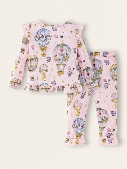 Playful Pals Baby Girls Cute Whimsical Hot Air Balloon & Elephant Print Long Sleeve Top And Pants Set, Cozy And Comfortable, Perfect For Everyday Casual Wear