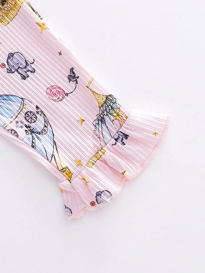 Playful Pals Baby Girls Cute Whimsical Hot Air Balloon & Elephant Print Long Sleeve Top And Pants Set, Cozy And Comfortable, Perfect For Everyday Casual Wear
